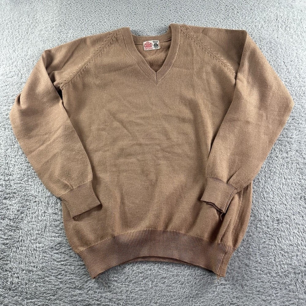 Vintage OWM Wool Sweater Mens Medium Tan Brown Pure New Magna Earth Tones V Neck